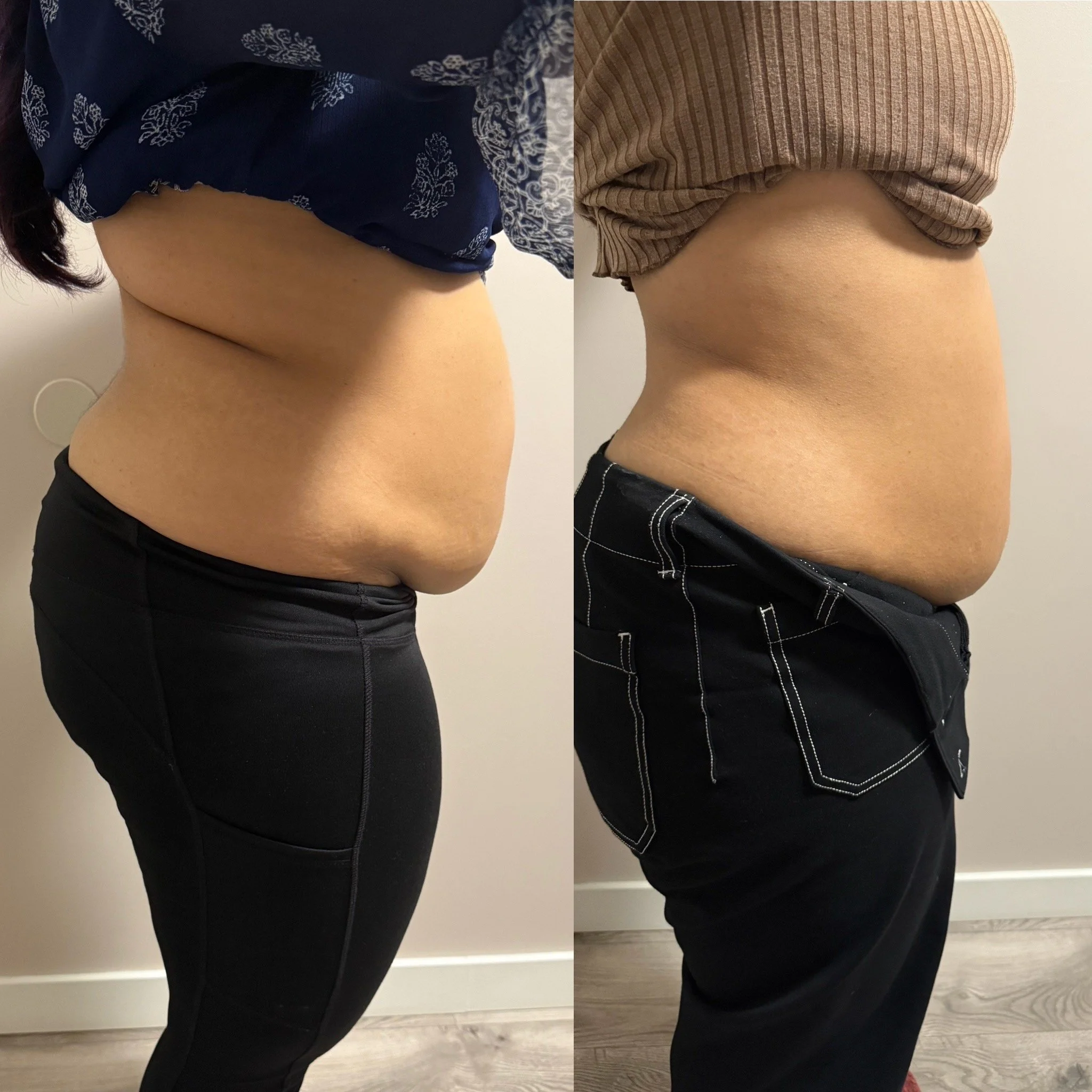 Comparison of midsections, wearing black pants and different tops, with a neutral background.