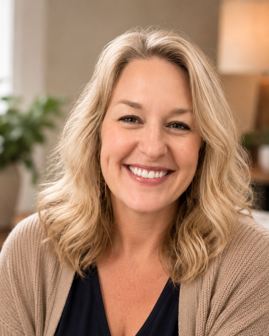 A smiling woman with blonde, shoulder-length wavy hair, wearing a black top and beige cardigan, sitting in a cozy, well-lit room with a plant in the background.