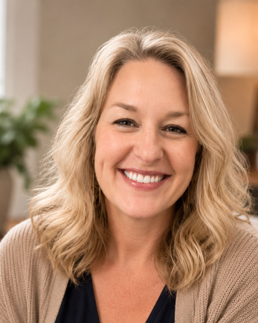 A smiling woman with curly blonde hair and light skin in an indoor setting with a blurred background including a lamp and a potted plant.