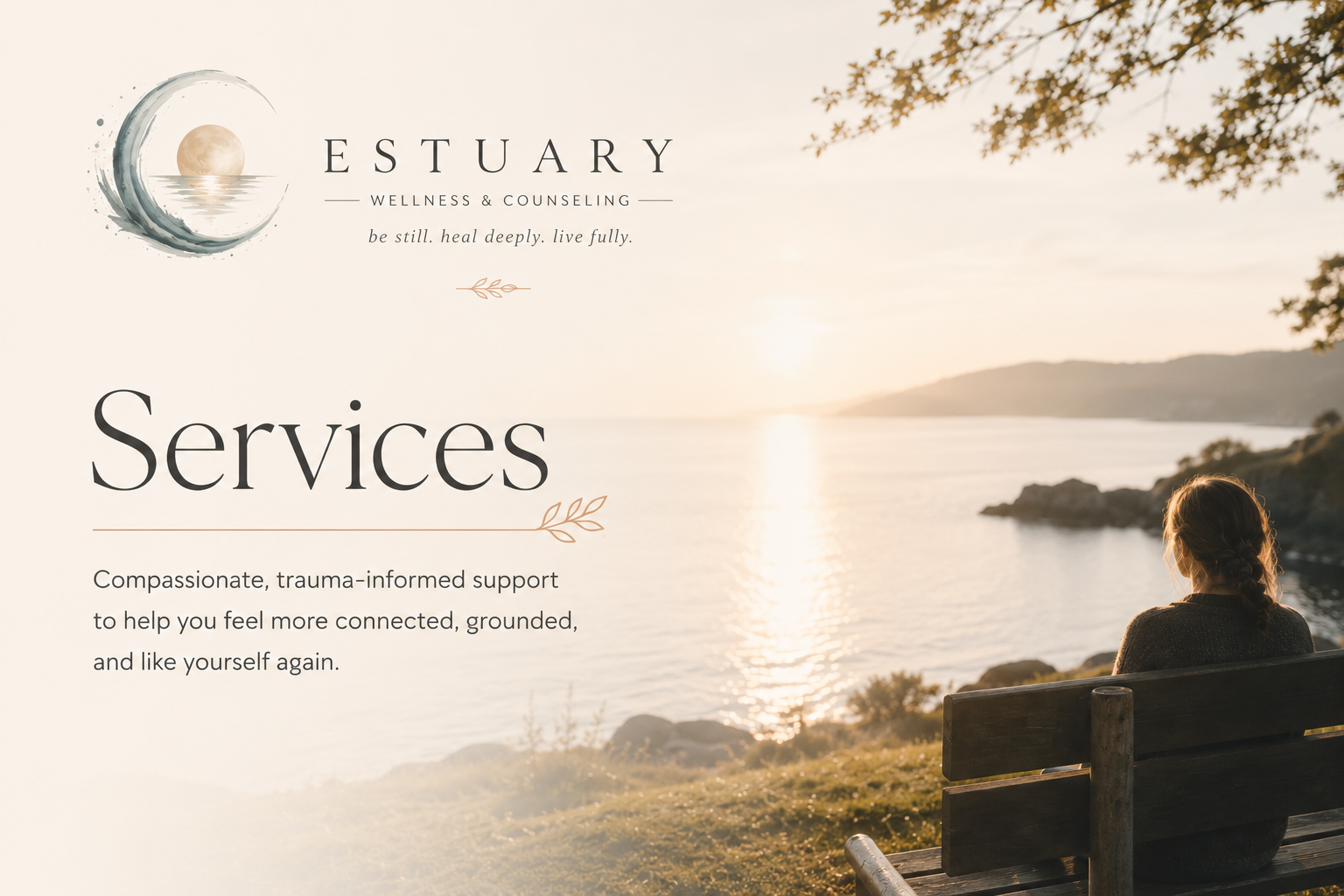 A woman sitting on a bench overlooking a sunset over a lake or bay, with trees and hills in the distance, in an outdoor wellness and counseling center advertisement.