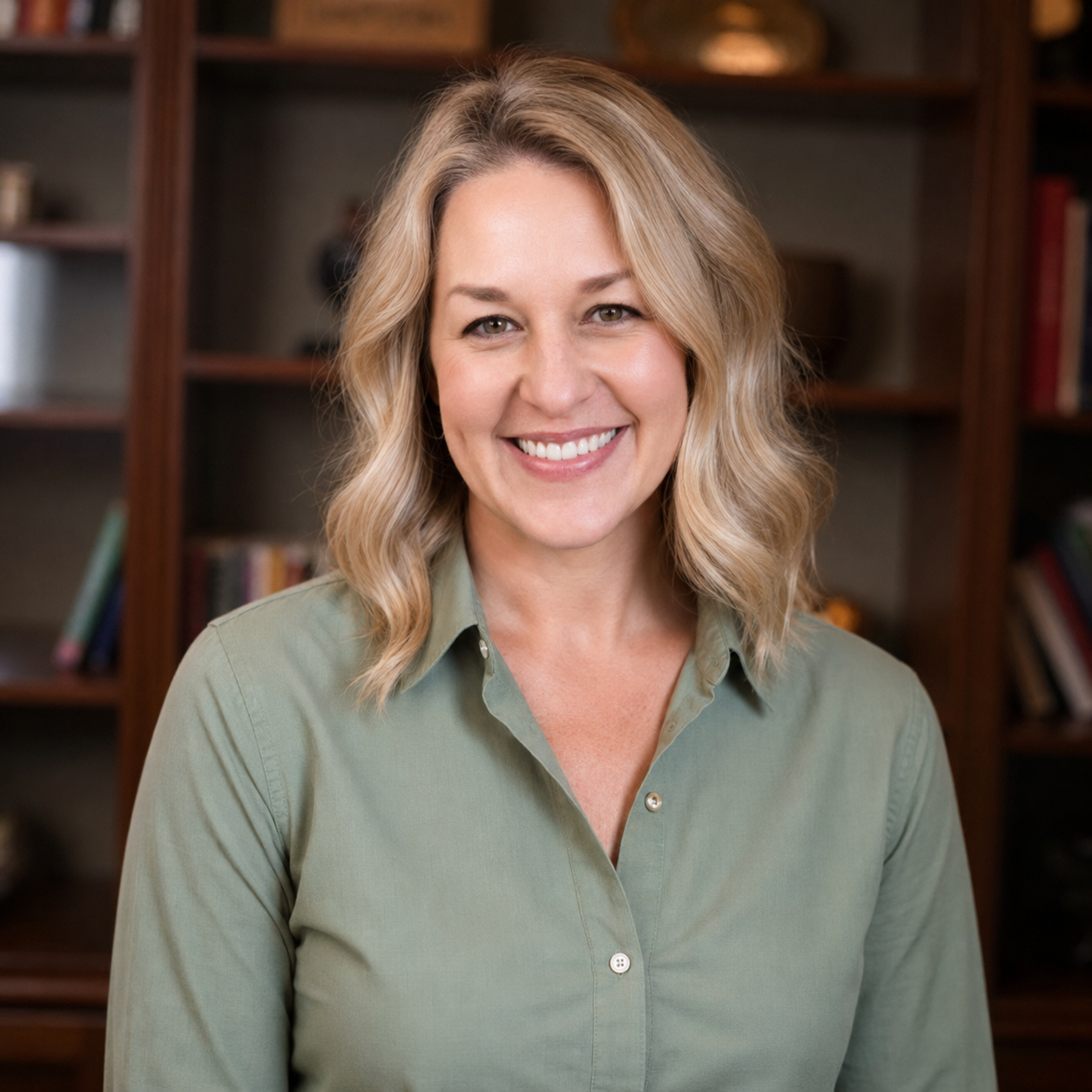 A woman with shoulder-length blonde wavy hair wearing a light green button-up shirt, smiling, with a wooden bookshelf in the background.