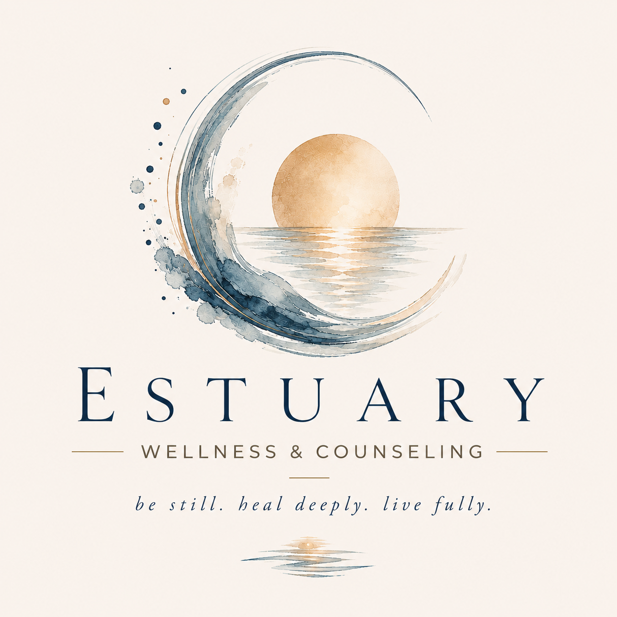 Logo for Estuary Wellness & Counseling featuring a watercolor style wave and sun in neutral tones with the tagline 'be still. heal deeply. live fully.'