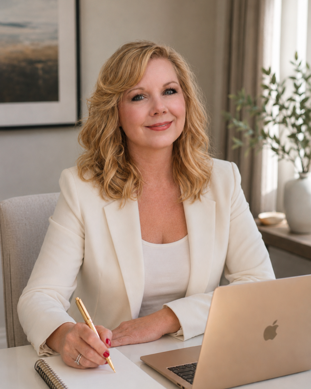 A woman sitting at a desk with a laptop, holding a pen, smiling, with a potted plant and picture in the background.