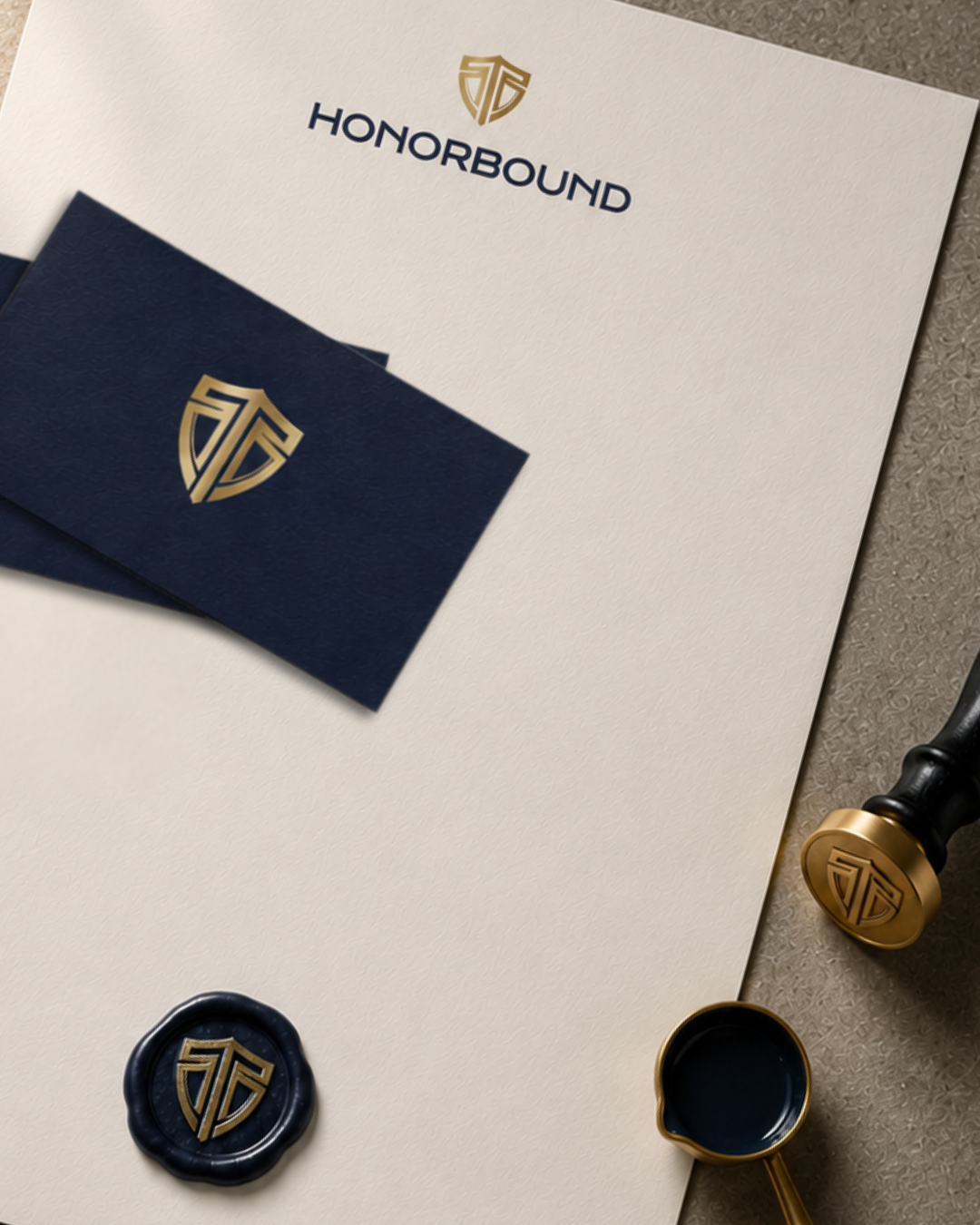 Honorbound official letter or document with navy blue envelopes, wax seals, and stamp featuring a gold shield logo.