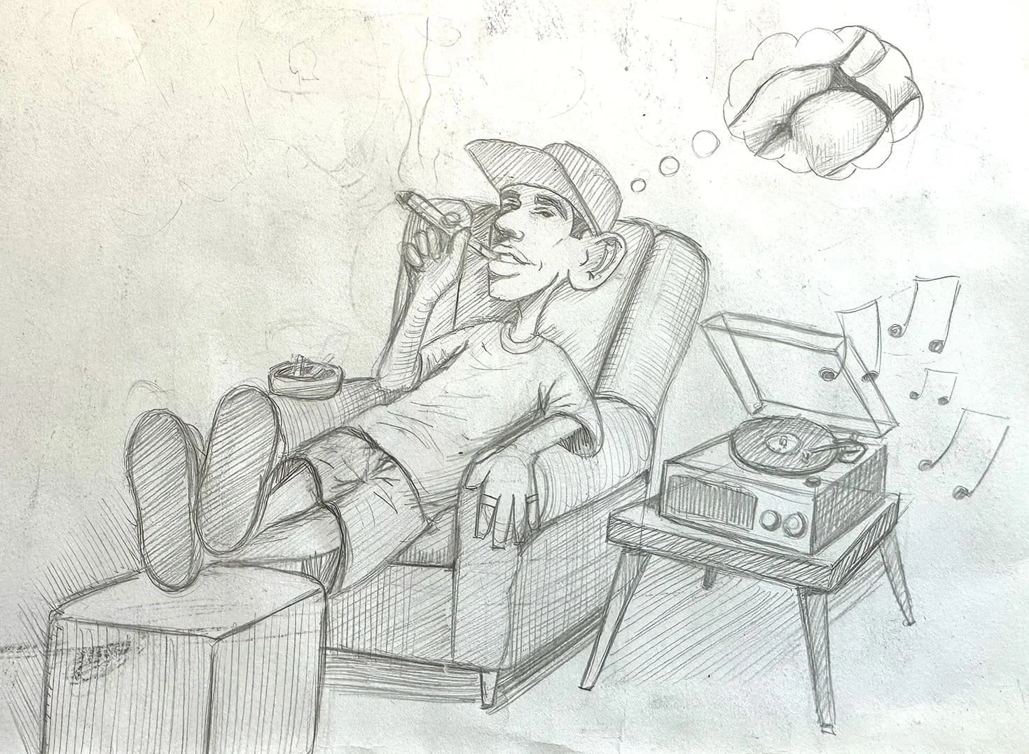 A pencil sketch of a young man relaxing in an armchair, smoking a cigar. He is wearing a cap and shorts, with a relaxed smile. Beside him is a vintage record player with musical notes indicating music playing. A small table in front holds a bowl.