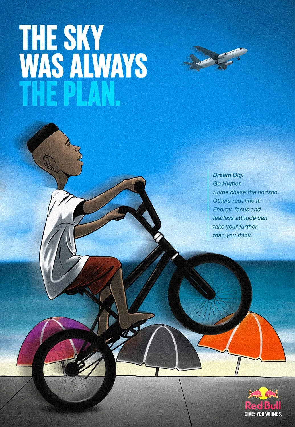 An illustration of a boy riding a bicycle on the beach with umbrellas and the ocean in the background. The sky is clear blue with an airplane flying overhead. The text says, 'The sky was always the plan.' and includes motivational quotes. The Red Bul
