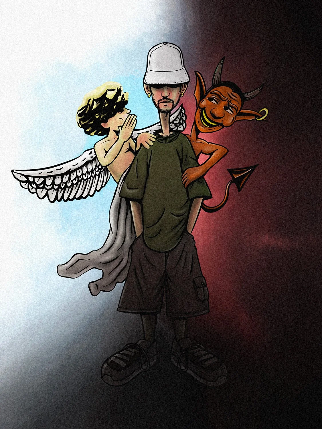 Illustration of a man with a casual outfit, wearing a cap and sneakers, flanked by a cartoon angel and devil. The angel has wings and no shirt, whispering to the man on the left shoulder. The devil is smiling, with horns, a tail, and a gold hoop earr