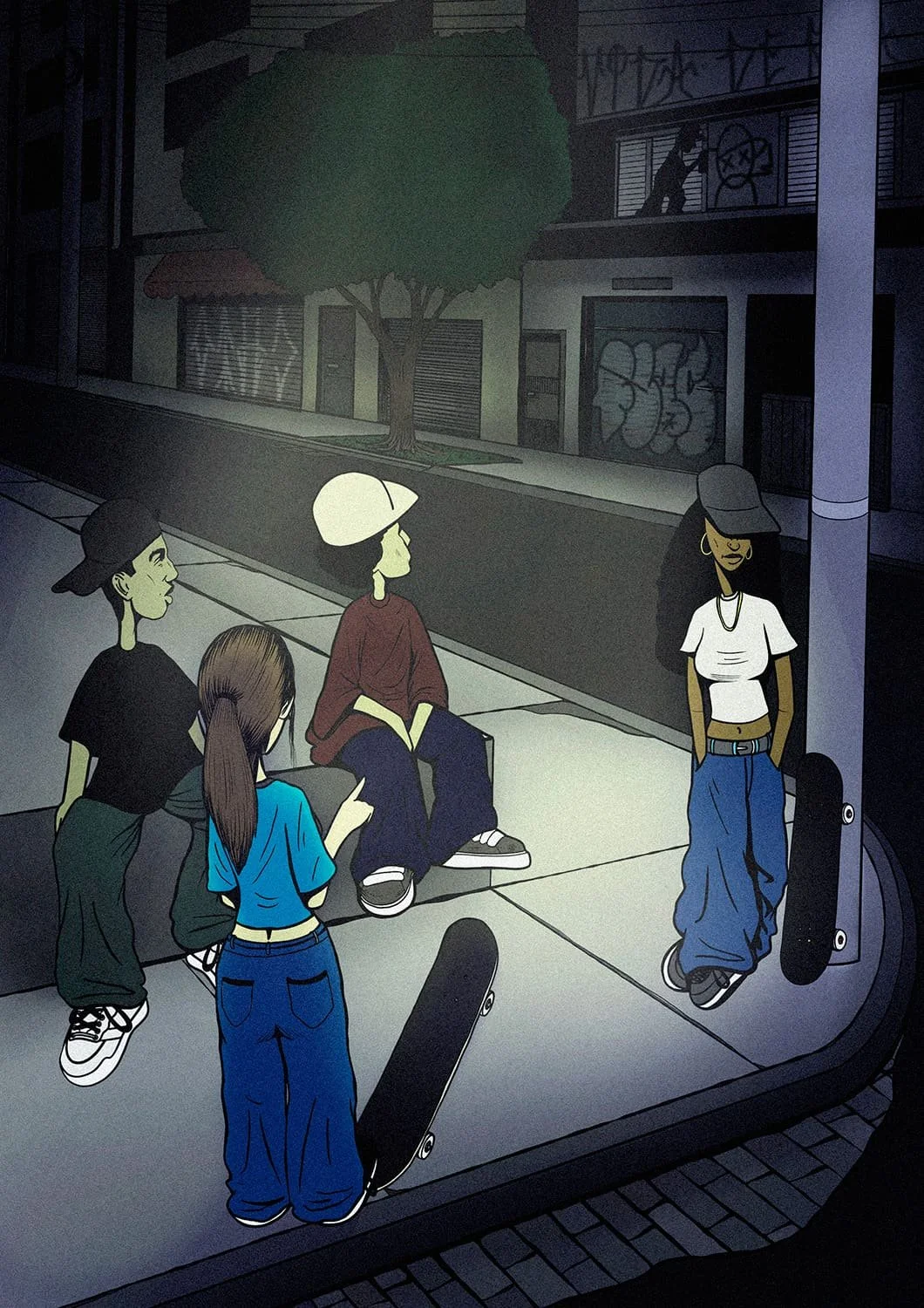Four young women with skateboards on a city sidewalk at night, one woman standing by a pole and three sitting on the curb, with graffiti on buildings in the background.