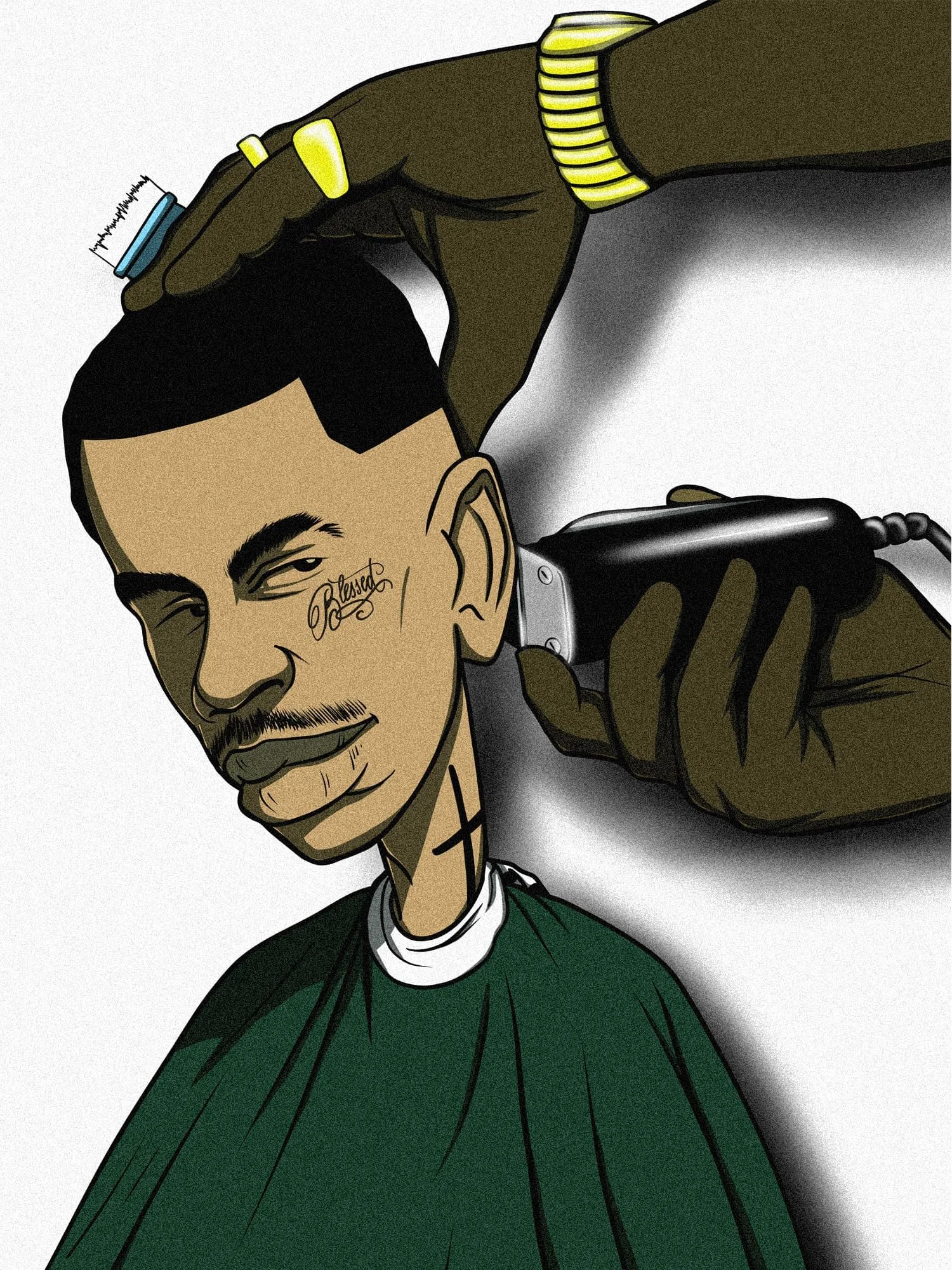 A digital illustration of a young man with a tattoo on his face saying 'Blessed,' wearing a green hoodie, and black gloves, with a sleeve tattoo and a light skin tone. The image focuses on his face and upper body.
