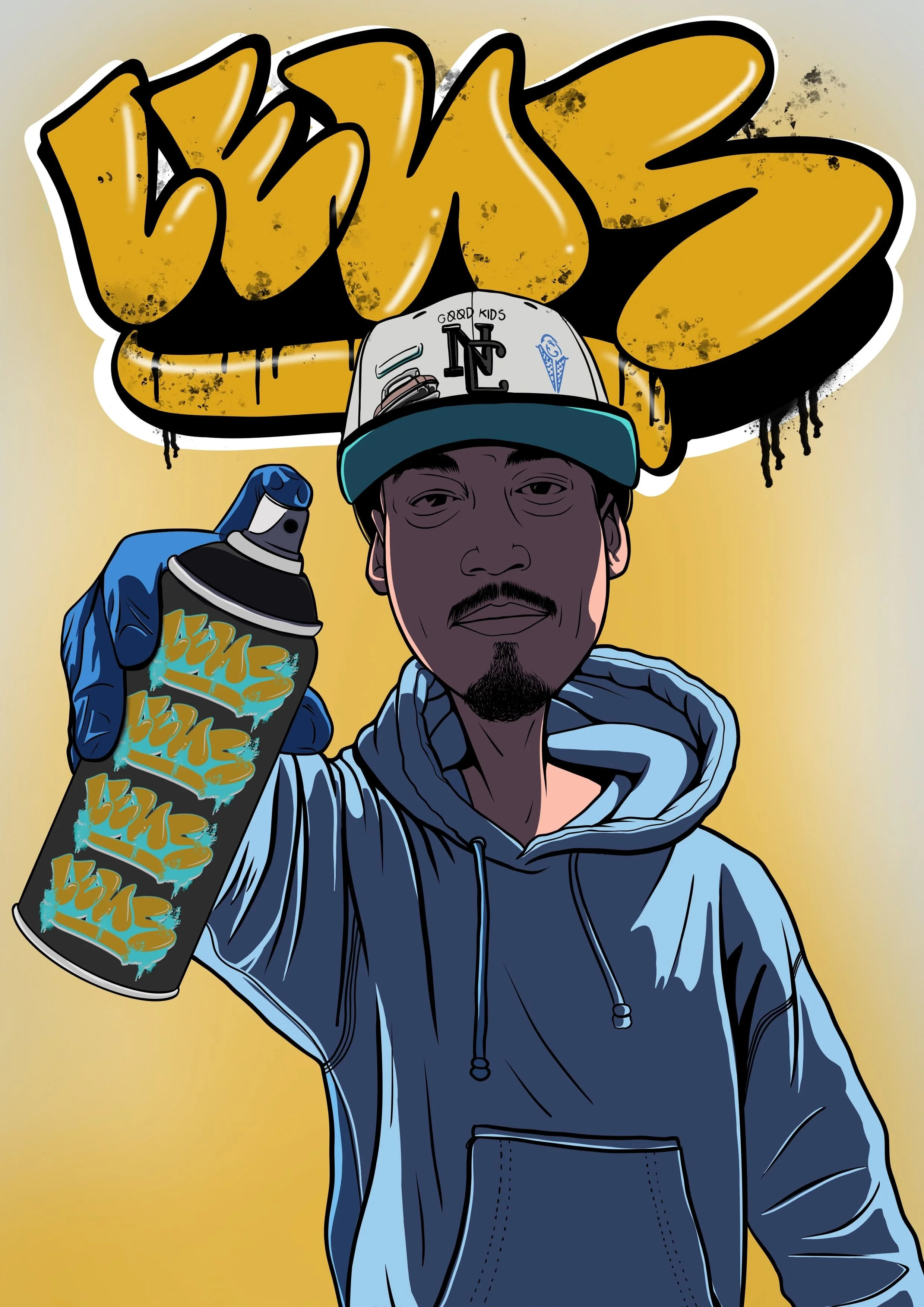 A digital illustration of a man in a blue hoodie and baseball cap, holding a spray paint can, with graffiti-style text in the background and on the can.