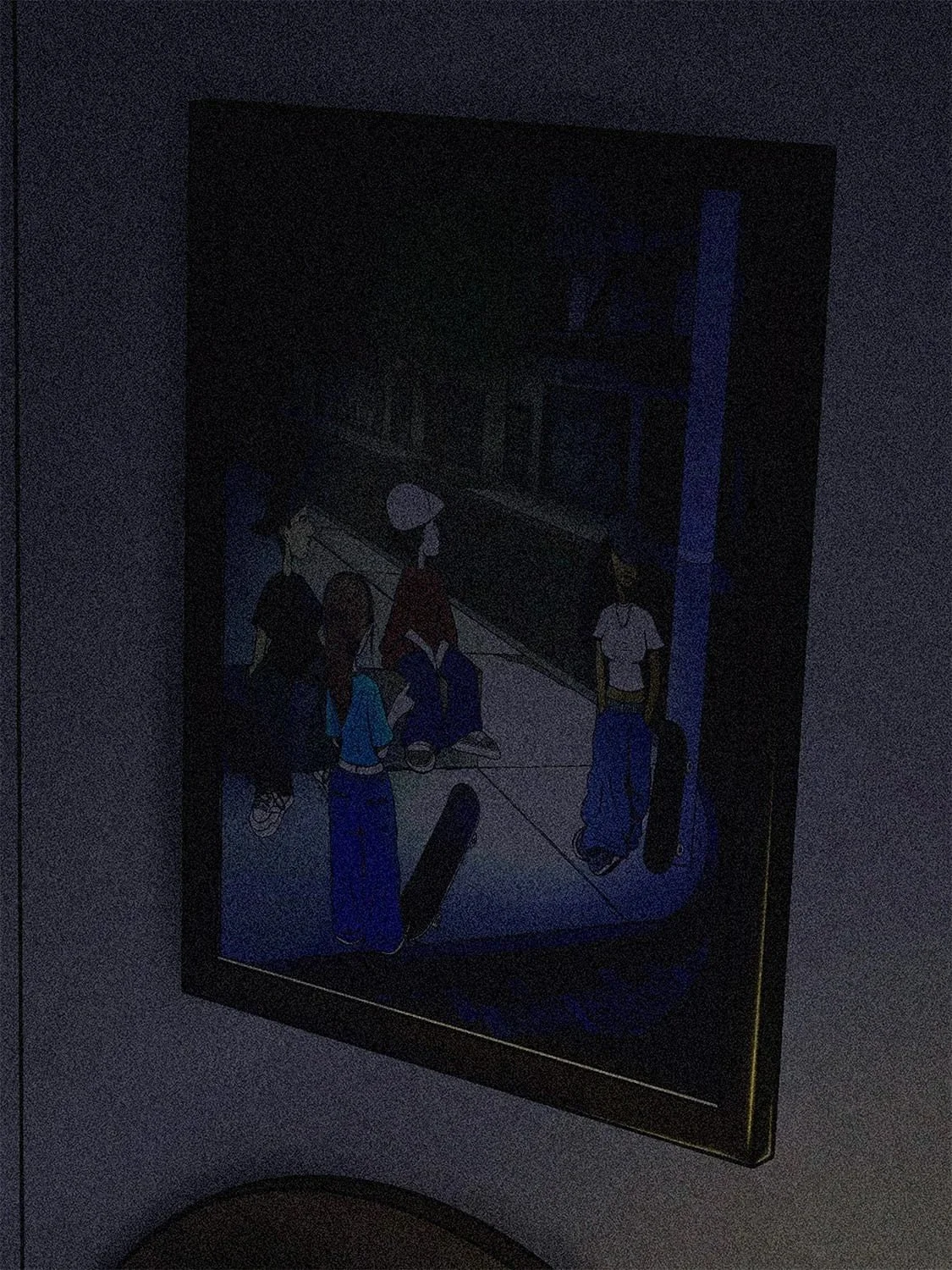 A framed poster art of five teenagers with skateboards standing outside a building at night.
