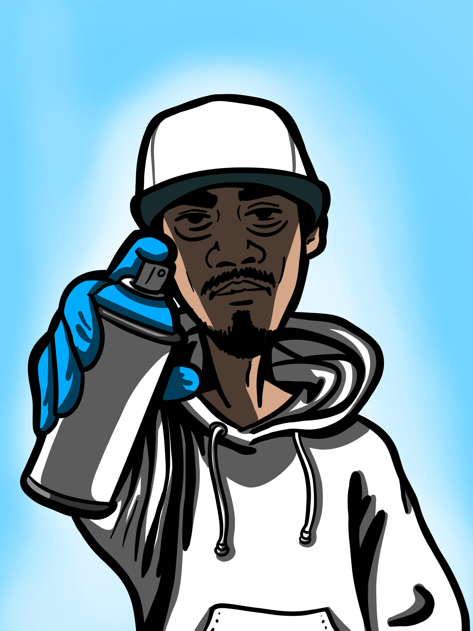 A cartoon man with dark skin, a mustache, and goatee, wearing a white and black hoodie, a white cap with a black brim, and blue gloves, holding a spray paint can to his face, against a blue background.