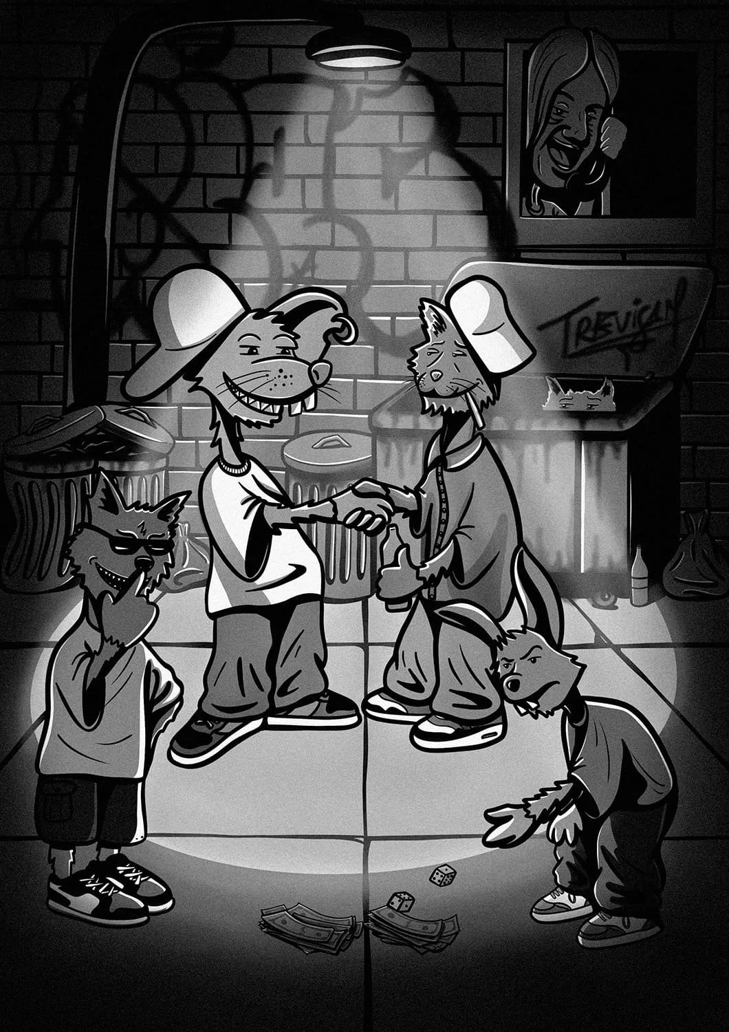 Cartoon group of anthropomorphic animals in a dark alley, shaking hands, with money and dice on the ground, graffiti on walls, trash cans, and a graffiti-covered dumpster in the background.