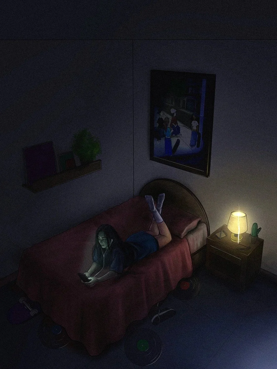 A girl lying on her stomach on a bed, looking at her phone with earphones in. The room is dimly lit by a bedside lamp. There are vinyl records on the floor, a nightstand with a lamp, a cactus, and a picture frame. A painting hangs on the wall above the bed.