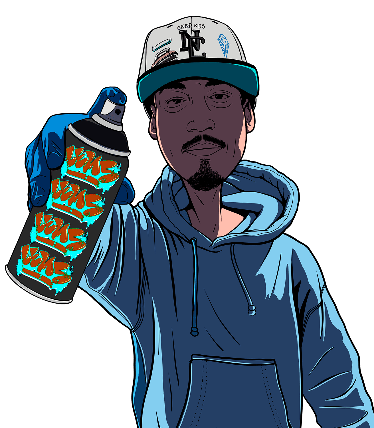 Illustration of a man wearing a cap and hoodie, holding a spray paint can with graffiti text, against a black background.