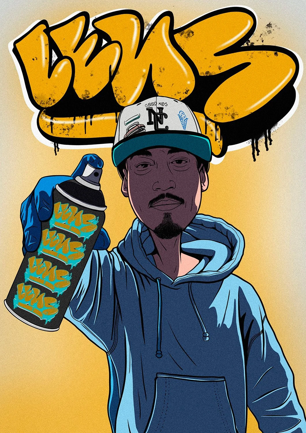 A graffiti-style digital illustration of a man wearing a hoodie and a cap, holding a spray paint can, with graffiti text ”BOOM” above his head.
