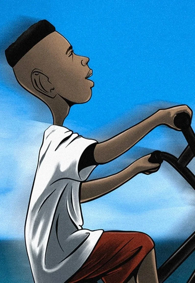 A cartoon boy with dark skin, wearing a black cap, white t-shirt, and red shorts, riding a scooter against a bright blue sky.