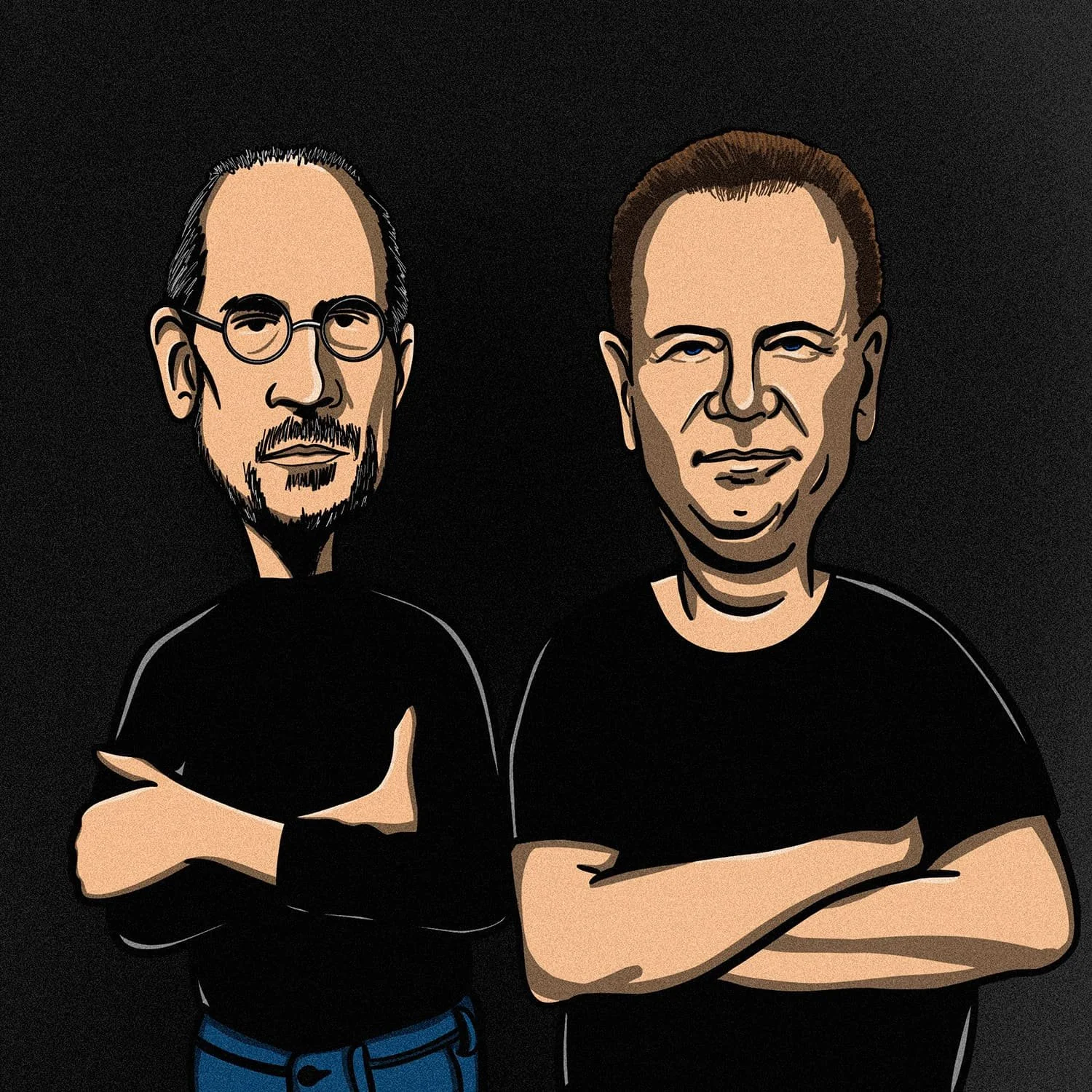 Digital art of two men with crossed arms against a black background, one with glasses and facial hair and the other without glasses and with short hair.
