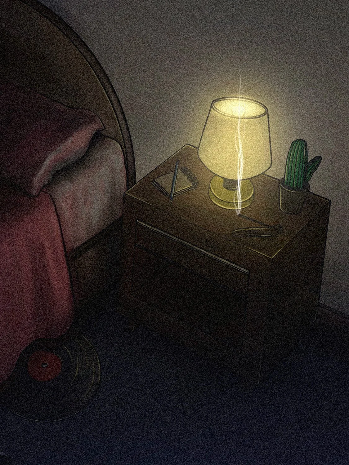Nightstand with a lit table lamp, cactus in a pot, notebook, pen, and a ruler, next to a bed with a pillow in a bedroom.