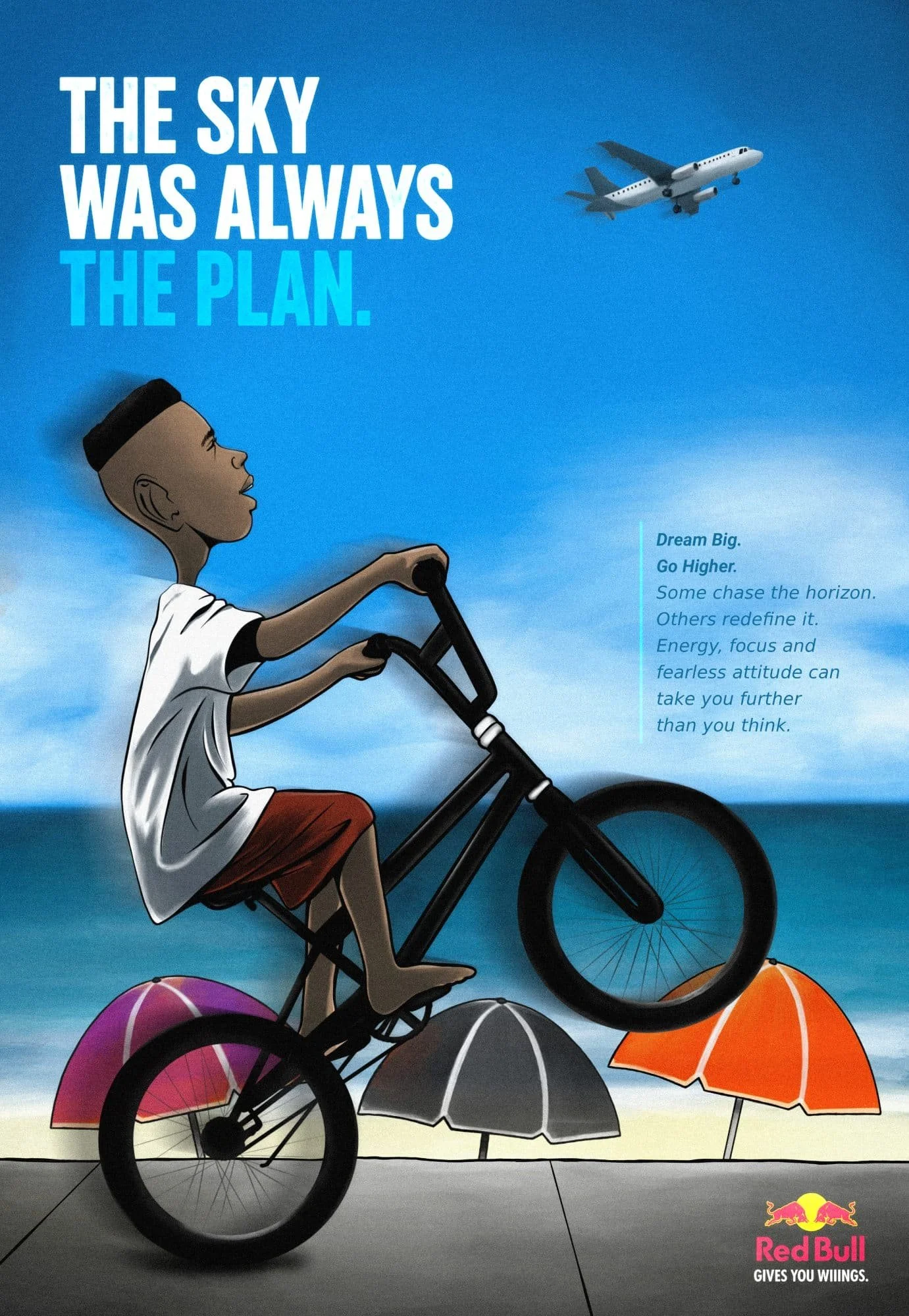 An illustration of a boy riding a bicycle on the beach with umbrellas and the ocean in the background. The sky is clear blue with an airplane flying overhead. The text says, 'The sky was always the plan.' and includes motivational quotes. The Red Bul