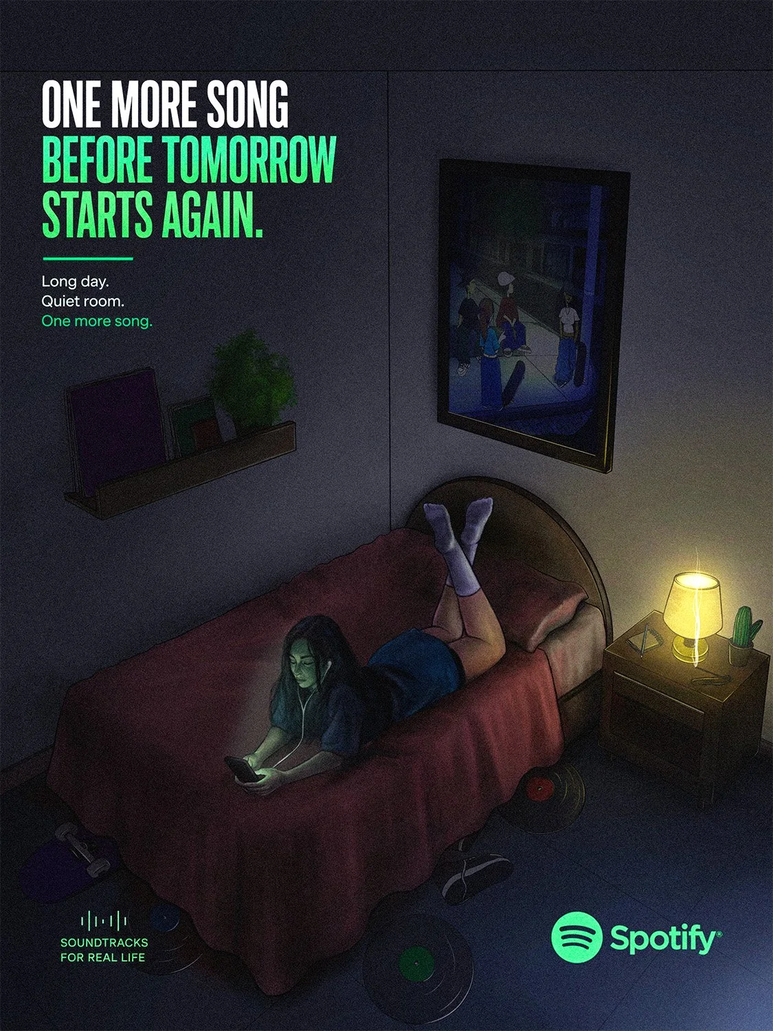 A woman lying on her stomach on a bed, listening to music on a phone with earphones in a dimly lit bedroom. The room has a nightstand with a lamp, and several vinyl records are scattered on the floor. The wall art depicts a group of people at a movie