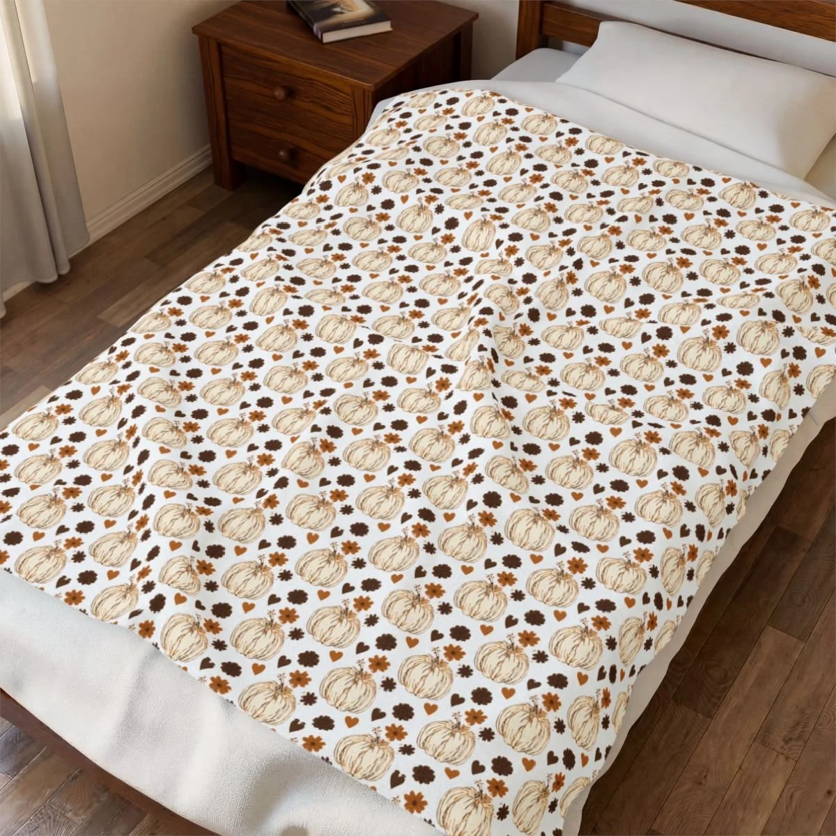 cream pumpkins in a repeating Patten's and cute light brown and dark brown leaves. perfect for fall