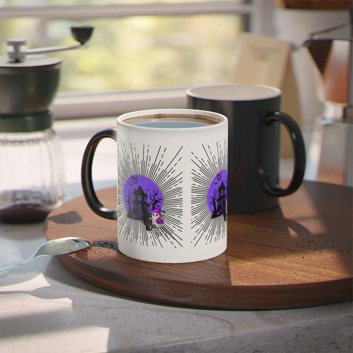 color changing cup. black cup then changes.in the middle is a purple background. in the purple is a black haunted house with black trees, black bats flying and a ghost trick or treater deciding if they want to go to the house for candy with a spider