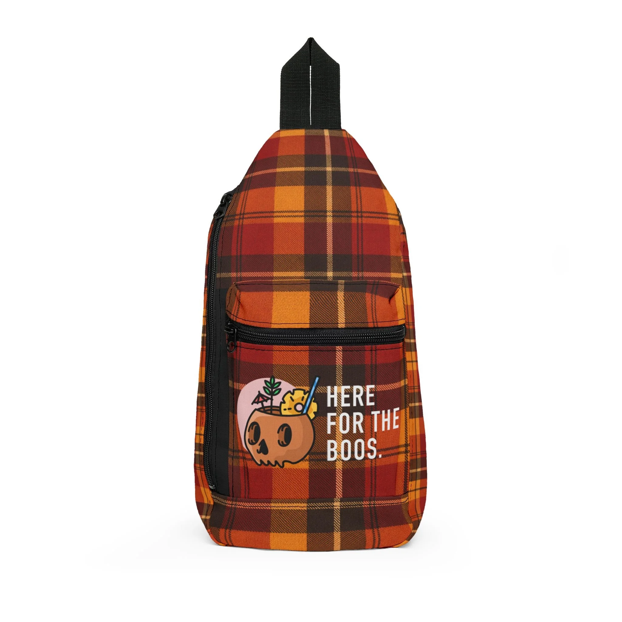 cute fall cross body sling with a camping bag motif complete with fall colors and stripe. colors are deep orange, red, brown, yellow. it has a Coconut skull on the front with a straw and a party umbrella in it. it also says "here for the boos"