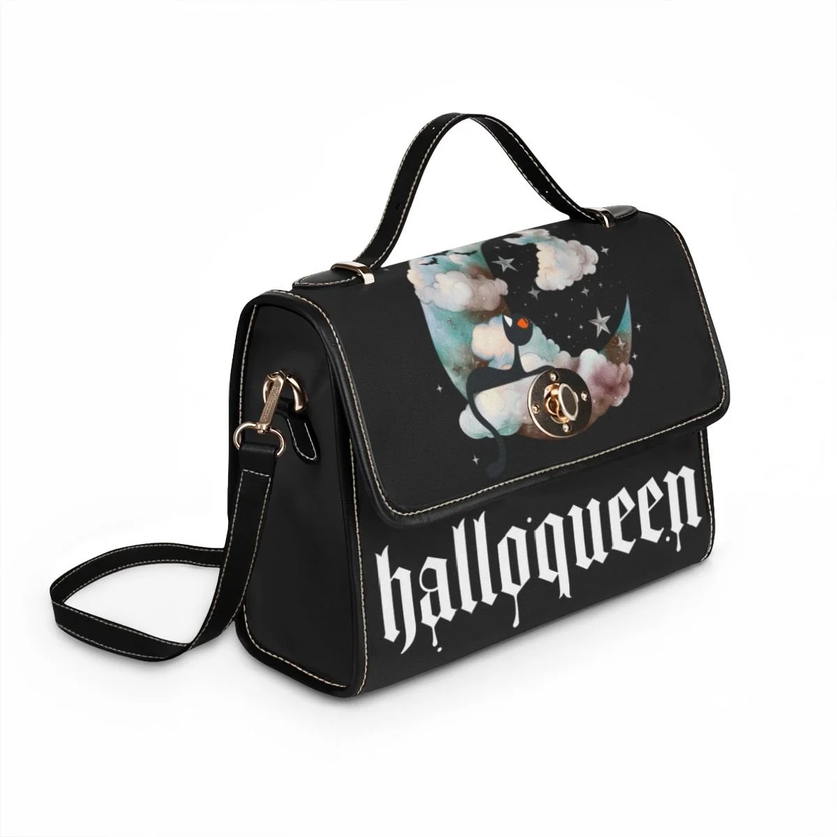 black canvas bag with a handle at the top of the bag the bag does have a shoulder strap. there is a black cat with a moon that the cat sits in complete with bats flying around. the words halloqueen is at the bottom of the bag