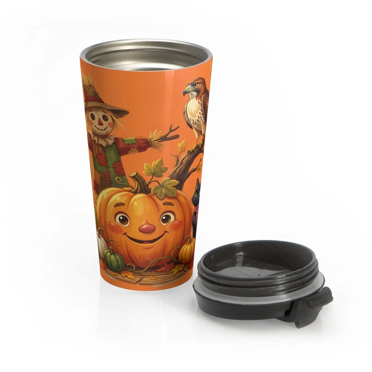cute orange tumbler with a black lid. There is a happy pumpkin, happy scarecrow behind the pumpkin and a small fall tree with a red tailed hawk sitting on it. very cute for adults and kids