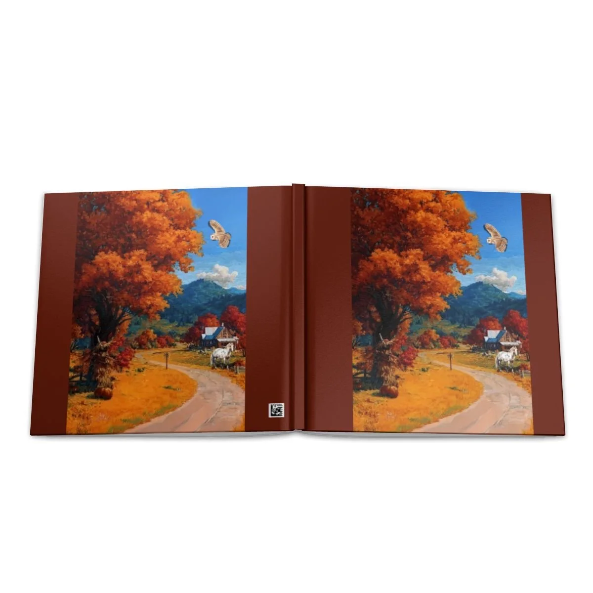 Hardcover Photo Album. Autumn Farmhouse with Horse, pumpkins, and Hawk.  Old gravel road winding through farmland in the middle of Autumn with trees in a firey burnt orange.