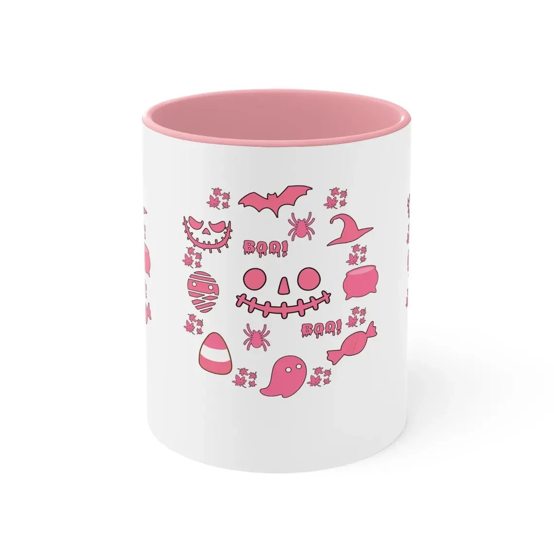 WHITE BACKGROUND, PINK INSIDE CUP  WITH PINK HALLOWEEN CHARACTERS IN A CIRCLE FROM SPIDERS, CANDY CORN, BATS, WITCHES HAT AND PUMPKIN FACES. THIS ITEM DOES ALSO COME IN 3 DIFFERENT COLORS (ON THE INSIDE OF CUP)