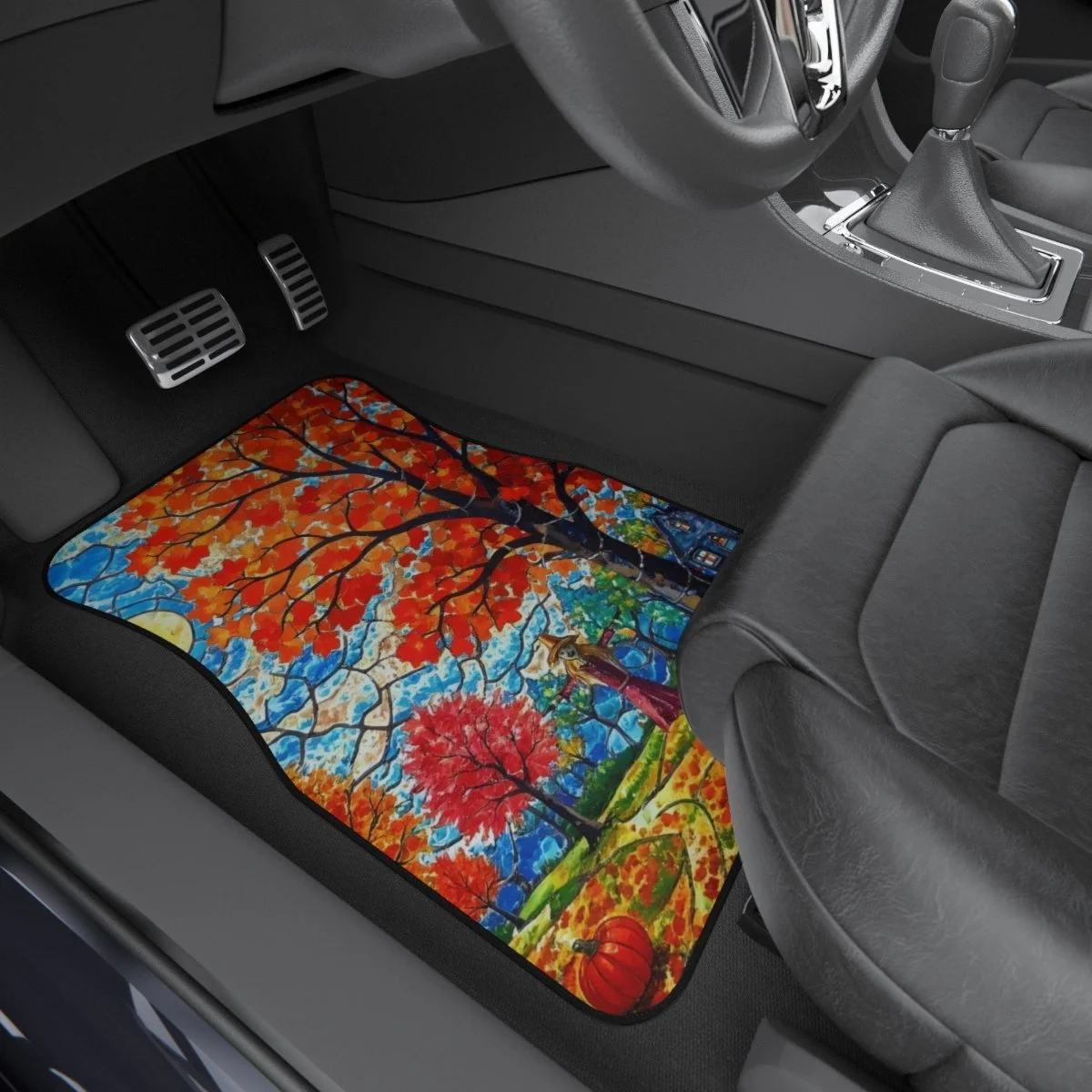 front car mat with a stained glass motif complete with autumn colors farm house trees scarecrow