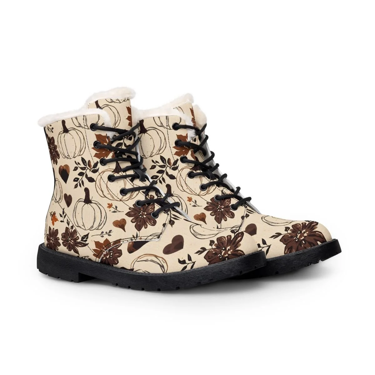 durable microfiber outer, these boots feature a plush fleece interior that wraps your feet in softness. this is for the fall time. the pattern is a winter white pumpkins and dark brown hearts with dark brown flowers. rustic and cute