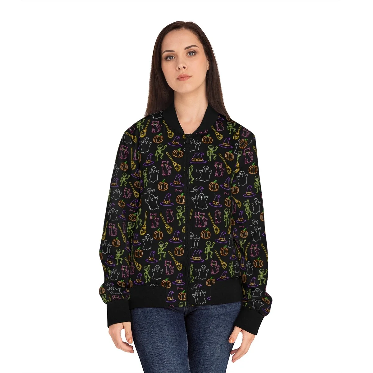 Bomber Jacket with a stand-collar type, ribbed cuffs, collar, and hem, it's as durable as it's comfortable. this is a black jacket with cute fall motif complete with skeletons, witches  brooms, pumpkins, witches hat, ghosts and much more