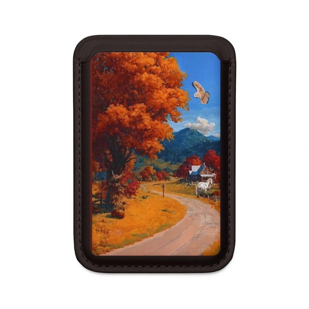 Vegan Wallet. Autumn Farmhouse with Horse, pumpkins, and Hawk.  Old gravel road winding through farmland in the middle of Autumn with trees in a firey burnt orange.