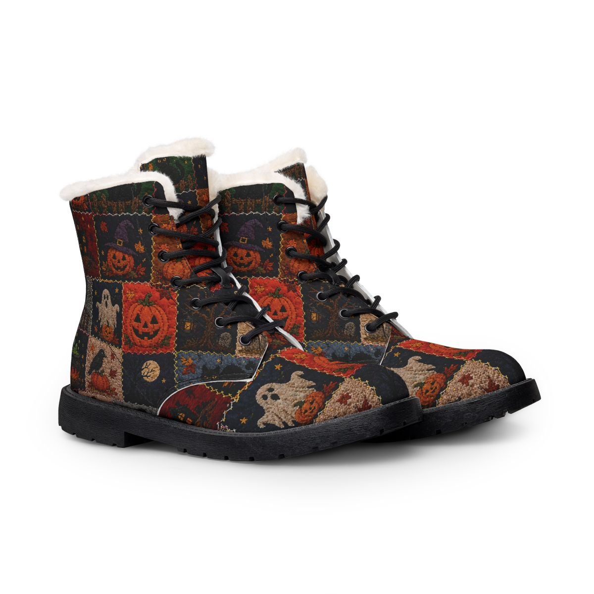 durable microfiber outer, these boots feature a plush fleece interior that wraps your feet in softness. this is for the fall and halloween. it has a Patchwork design with pumpkins, Ghost, bat cats and much more