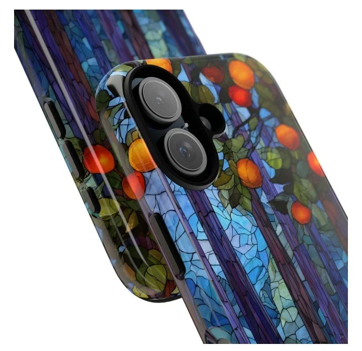 Close-up of a smartphone with a colorful, stained glass-like case featuring a pattern of orange fruits, green leaves, and purple vertical lines.