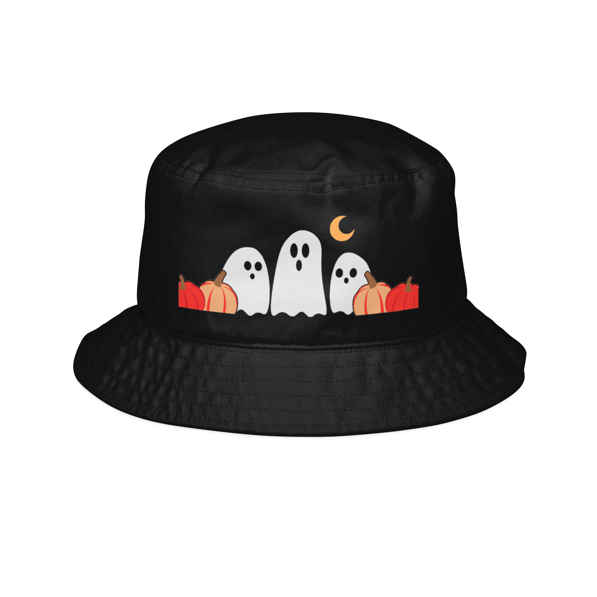 bucket hat with 3 ghosts in the middle of a pumpkin patch under the half moon. very cute