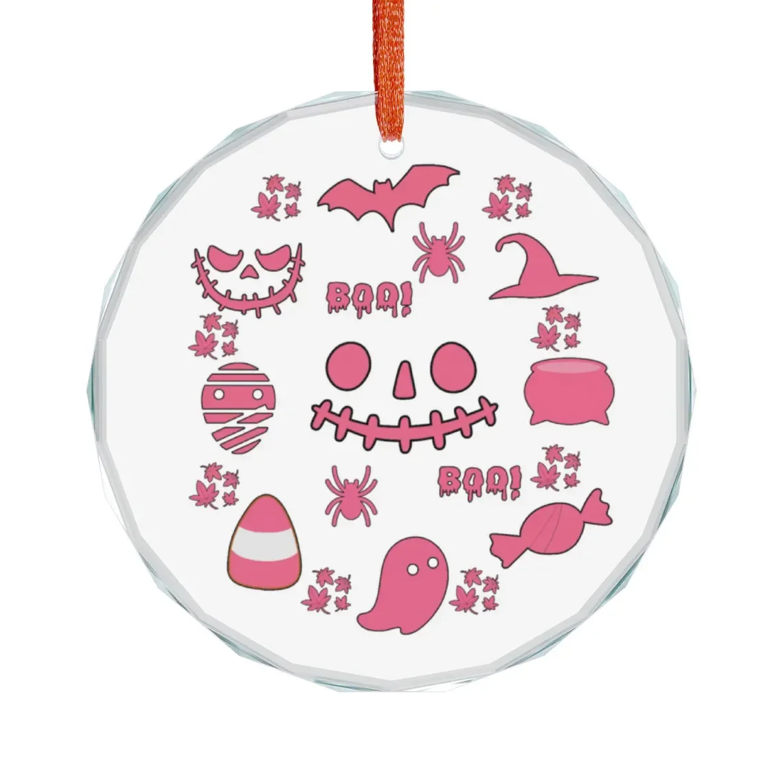 CIRCLE GLASS ORNAMENT WITH A BEVELED  EDGE WITH PINK HALLOWEEN CHARACTERS IN A CIRCLE FROM SPIDERS, CANDY CORN, BATS, WITCHES HAT AND PUMPKIN FACES
