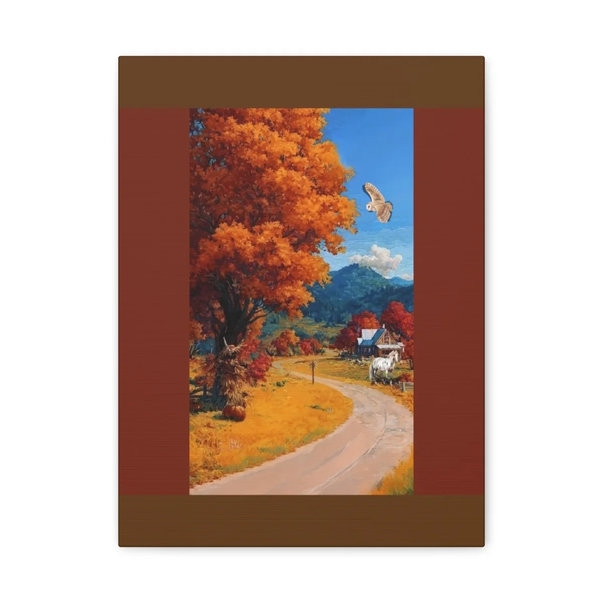 Autumn Farmhouse with Horse, pumpkins, and Hawk.  Old gravel road winding through farmland in the middle of Autumn with trees in a firey burnt orange. Canvas picture. Great for work or home
