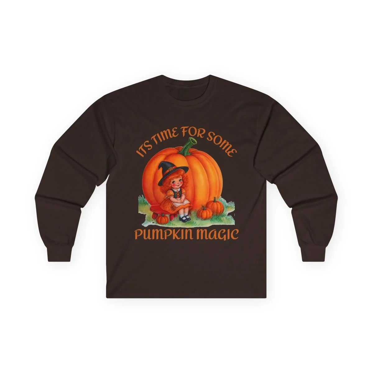 this is a cute long sleeved Tshirt with a little redheaded girl in a witch hat sitting next to a giant pumpkin that says "its time for pumpkin magic". the little girl is in a vintage 1970 style and the pumpkin is also. very cute!