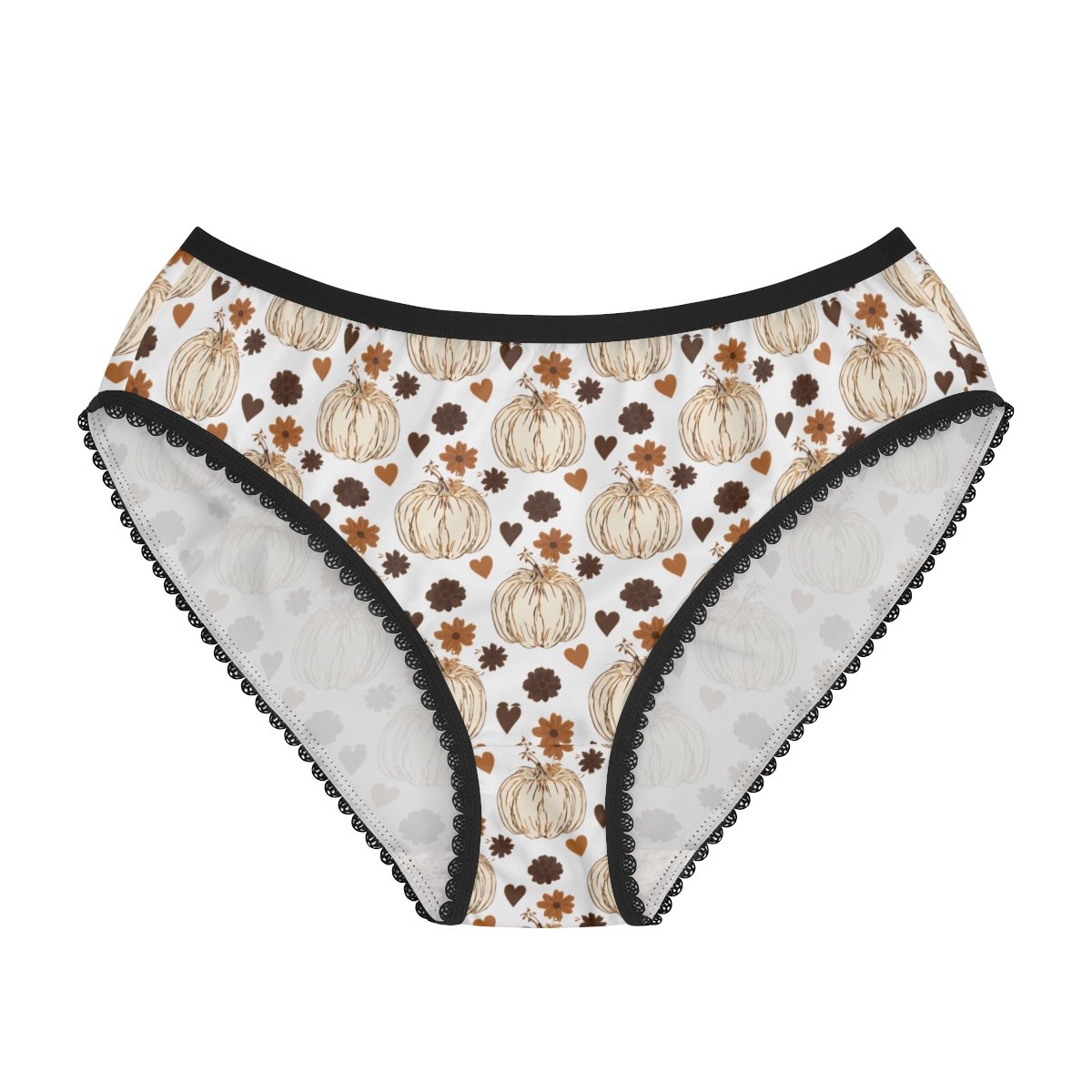 ladies cotton briefs.  cream pumpkins in a repeating Patten's and cute light brown and dark brown leaves and hearts. perfect for fall