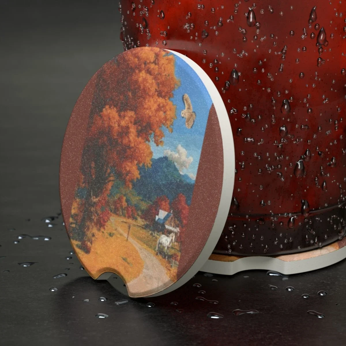 Soapstone Coaster. Autumn Farmhouse with Horse, pumpkins, and Hawk.  Old gravel road winding through farmland in the middle of Autumn with trees in a firey burnt orange.