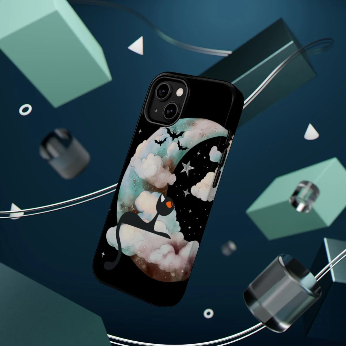 phone cover with a black background. with a cat sitting in the moon and clouds in the background. bats flying around. great for halloween