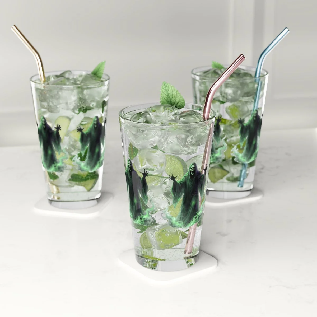 Ghostly Green Ghouls that go all the way around a 16oz pint glass. great for fall Halloween time