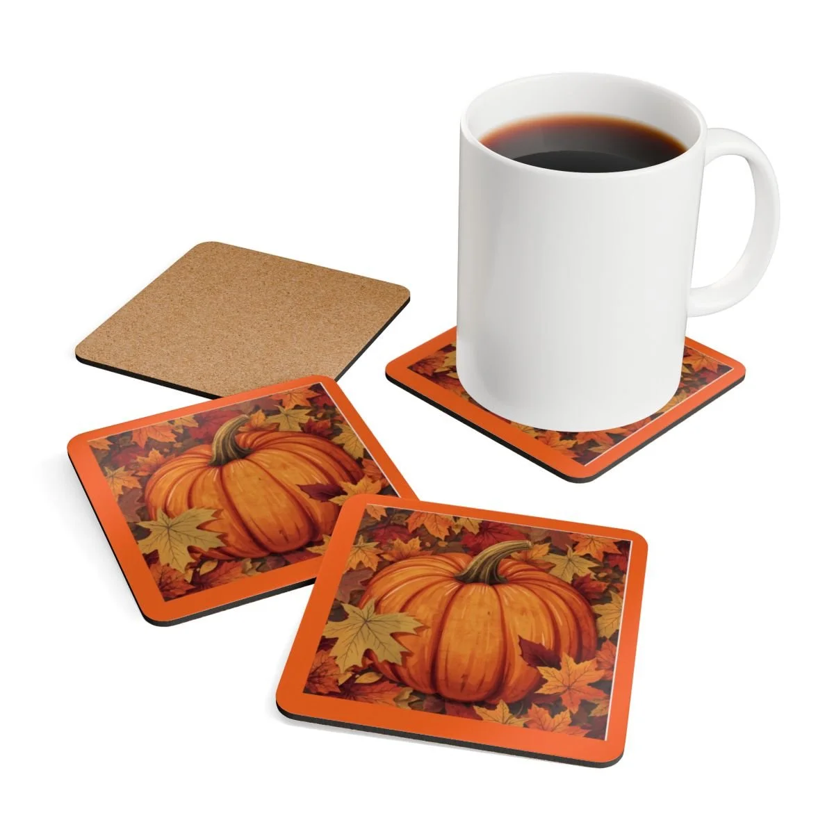 This is a coaster set of 4. the coaster set is made of corkwood.  there is a cute fall pumpkin on the front nestled in fall leaves. there is orange trim around the outer seam of the coaster. very cute for fall time!