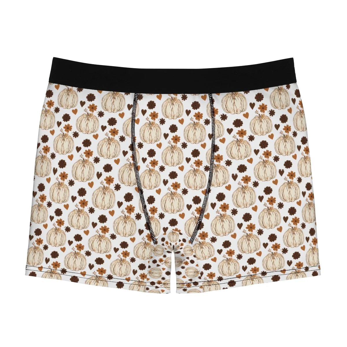 mens boxer briefs.  cream pumpkins in a repeating Patten's and cute light brown and dark brown leaves and hearts. perfect for fall