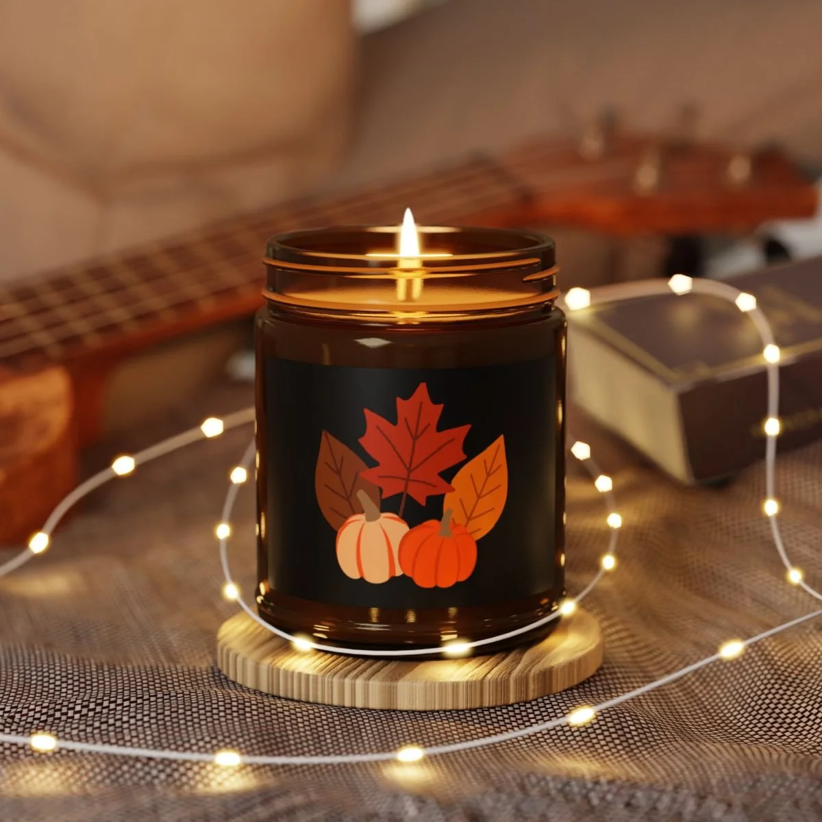 Cute Amber Glass  Jar with Candle and Autumn Leaves and Pumpkins Decorations