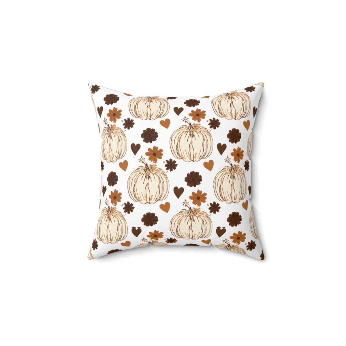square Pillow . cream pumpkins in a repeating Patten's and cute light brown and dark brown leaves and hearts. perfect for fall